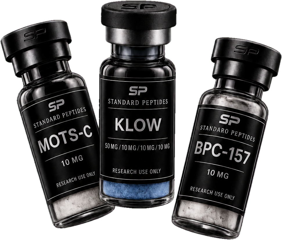 Standard Peptides research vials: MOTS-c, KLOW, BPC-157